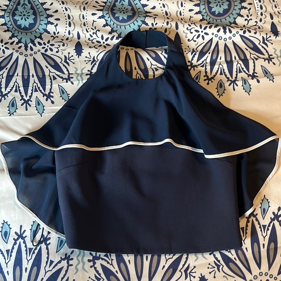 Alice + Olivia navy blue cropped halter top with sheer ruffle size XS - Picture 2 of 12